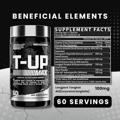 Nutrex Research T-UP Testosterone Booster Supplement for Men - Increase Levels, Boost Strength & Recovery - 60 Capsules