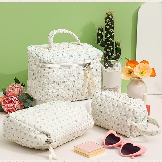 Paterr 3 Pieces Cotton Quilted Makeup Bag Set Coquette Cosmetic Bag Aesthetic Travel Toiletry pouch Cute Pouch Kawaii Aesthetic for Women(White,Little Flower)