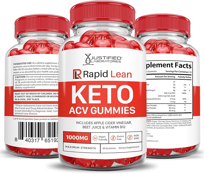 Rapid Lean Keto ACV Gummies Advanced Formula 1000MG Rapid Lean Keto Gummies Apple Cider Vinegar Formulated with Pomegranate Beet Juice Powder B12 Vegan Non GMO 60 Gummys