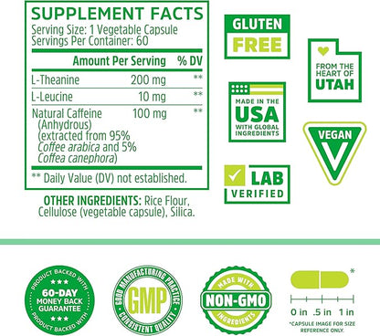 Zhou Natural Caffeine Pills 100mg with L-Theanine 200mg, Nootropic Supplement, Clean Energy, Endurance and MentalFocus, Non-GMO, Vegan, Gluten-Free, 60 Capsules