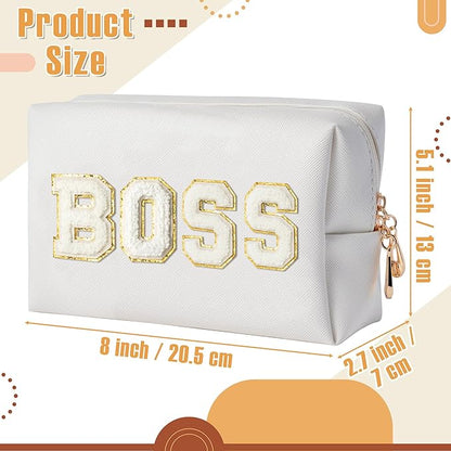 CY2SIDE White BOSS Letter Patch Makeup Bag Gifts for Women PU Leather Patch Cosmetic Bag with Chenille Letter for Travel Waterproof Portable Zipper Big Organizer for Boss's Day Gifts