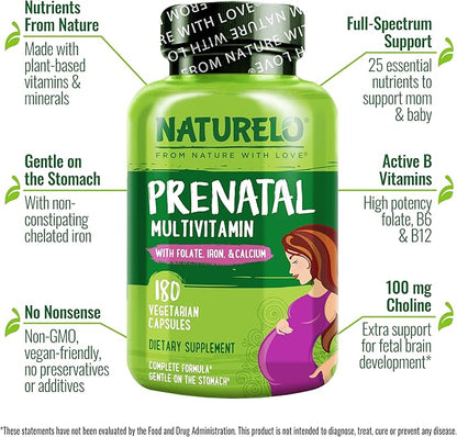 NATURELO Prenatal Multivitamin with Gentle Chelated Iron, Methyl Folate, Plant Calcium & Choline - Vegan, Vegetarian - Non-GMO - Gluten Free - 360 Capsules - 4 Month Supply