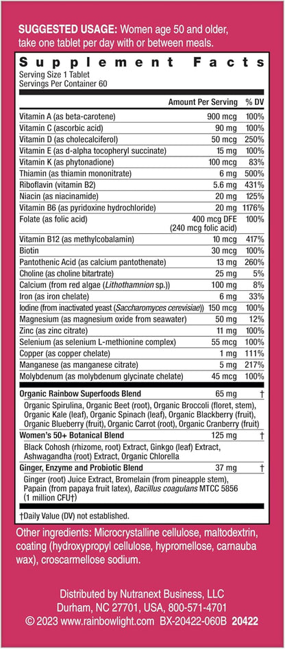 Rainbow Light Multivitamin for Women 50+, Vitamin C, D & Zinc, Probiotics, Women’s One 50+ Multivitamin Provides High Potency Immune Support, Non-GMO, Vegetarian, 60 Tablets