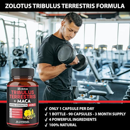 Zolotus Premium Tribulus Terrestris Capsules - Combined with Ashwagandha, Panax Ginseng & Maca - Boost Energy, Mood, Stamina & Immune - 90 Counts for 3 Months