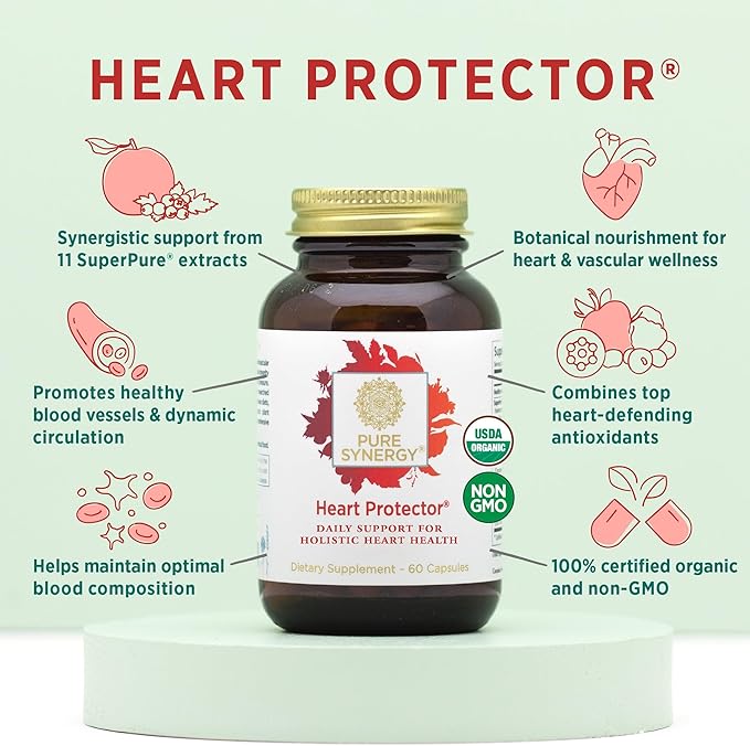 PURE SYNERGY Heart Protector | Organic Heart Health Support | Holistic Heart Supplement with Organic Hawthorn Berry, Resveratrol, and Nattokinase | For Heart, Blood, and Vascular Support (60 Capsules)