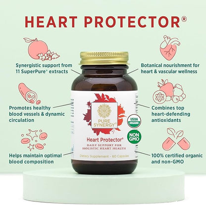 PURE SYNERGY Heart Protector | Organic Heart Health Support | Holistic Heart Supplement with Organic Hawthorn Berry, Resveratrol, and Nattokinase | For Heart, Blood, and Vascular Support (60 Capsules)