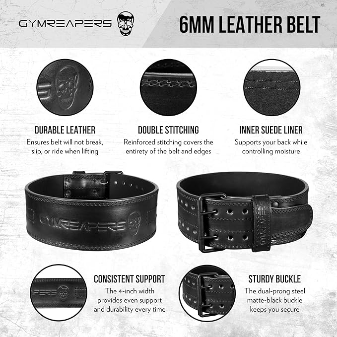 Gymreapers Weightlifting Belt 6MM Genuine Leather - Double 4-Inch Wide