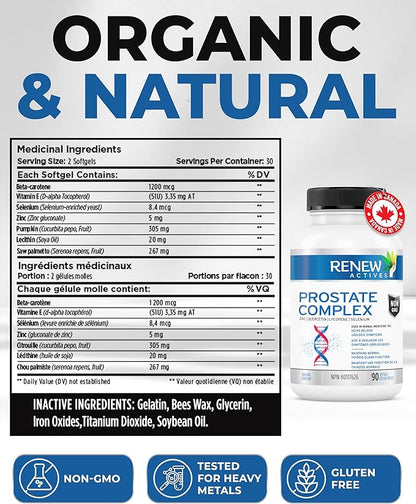 Renew Actives Prostate Complex Supplements – Formula for Prostate, Thyroid, Eye Health & Immune System – Antioxidant Blend for Men’s Wellness – 90 Softgels – Made in Canada