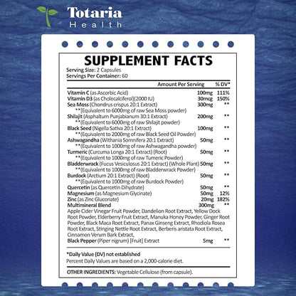 25-in-1 Sea Moss Black Seed Oil Ashwagandha Ginger Shilajit Supplement 18525mg, Sea Moss Capsules with Bladder Burdock Ceylon Cinnamon Berberine ACV Manuka VIT C&D3 for Immune, Gut & Energy, 120 Caps