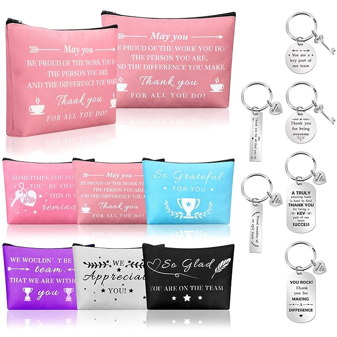 Bucherry 12 Pcs Thank You Gifts 6 Pcs Appreciation Keychain and 6 Appreciation Gift Makeup Bag Travel Cosmetic Pouch Teacher Nurse Coworkers Volunteer Employee