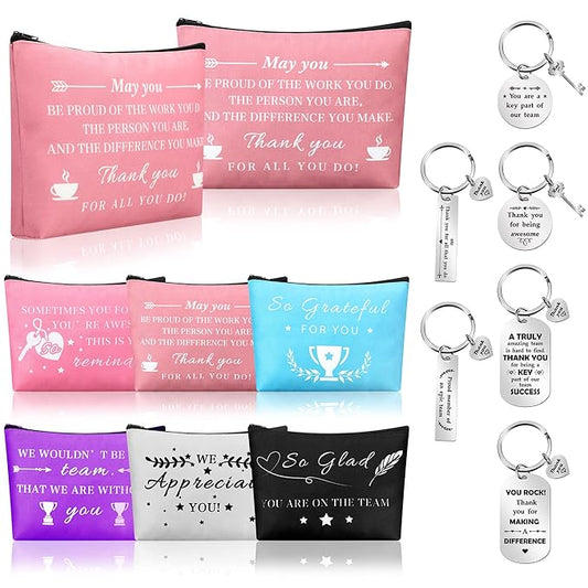 Bucherry 12 Pcs Thank You Gifts 6 Pcs Appreciation Keychain and 6 Appreciation Gift Makeup Bag Travel Cosmetic Pouch Teacher Nurse Coworkers Volunteer Employee