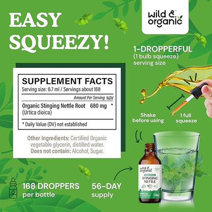 Wild & Organic Stinging Nettle Tincture - Stinging Nettle Root Extract Drops - Nettle Root Herb Tincture - Vegan, Alcohol Free Supplement - 4 fl oz