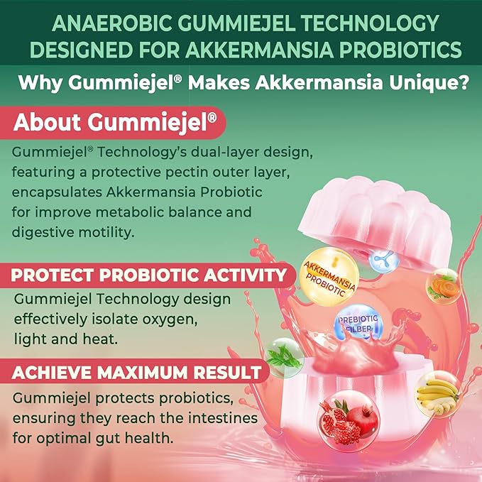 Akkermansia Probiotics Gummies with Prebiotics Fiber, 300 Billion AFU Akkermansia Muciniphila, with Polyphenol Fruits, Resistant Starch, Vitamin A D3 B2 for Metabolism, Digestive & Gut Health, 1Pack