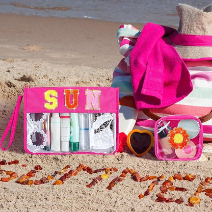 Hillban 2 Pcs Sunscreen Chenille Letter Bags Makeup Cosmetic Bag Waterproof Sun Travel Pouch Beach Pool Things Summer Stuff Preppy Patch Traveling Accessories for Women (Sun Theme)