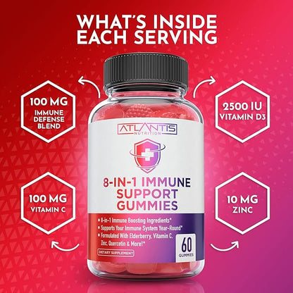 8-In-1 Immune Support Gummies w/ Elderberry - Immune Support Supplement Mix of Elderberry, Quercetin, Zinc & Vitamin C Gummies - Immune Boosters for Adults & Kids, Elderberry Gummies, Immunity Gummies