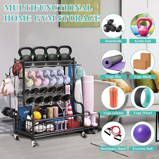 Dumbbell Rack, Weight Rack for Kettlebells, Heavy-Duty Home Gym Storage Rack for Yoga Mat and Workout Equipment, Storage Holder with Wheels, Hooks and Mesh Top