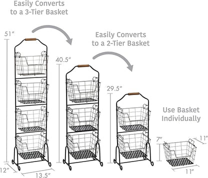 Gourmet Basics by Mikasa Ferme 4-Tier Metal Floor Standing Fruit/Home Storage Market Basket, Antique Black