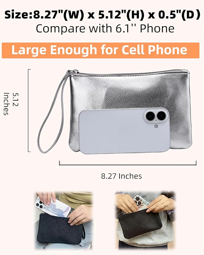 Small Makeup Bag for Purse Mini Cosmetic Pouch Zipper Little Wristlet, Tiny Make Up Organizer Lipstick Feminine Product Car Change Coin Holder for Women Handbags, 8 x 5 Clutch Phone Wallet,1 Silver