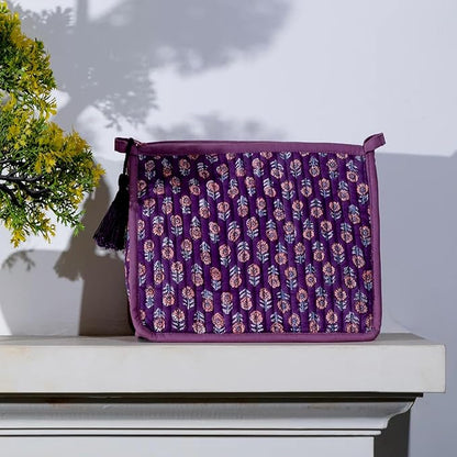 Quilted Makeup Bag- Large Capacity Cosmetic Bags for Women - Water Resistance Lining Portable Pouch & Open Toiletry Bag - Perfect Girls Makeup Organizer for Travel Essentials (Purple & Orange Floral)