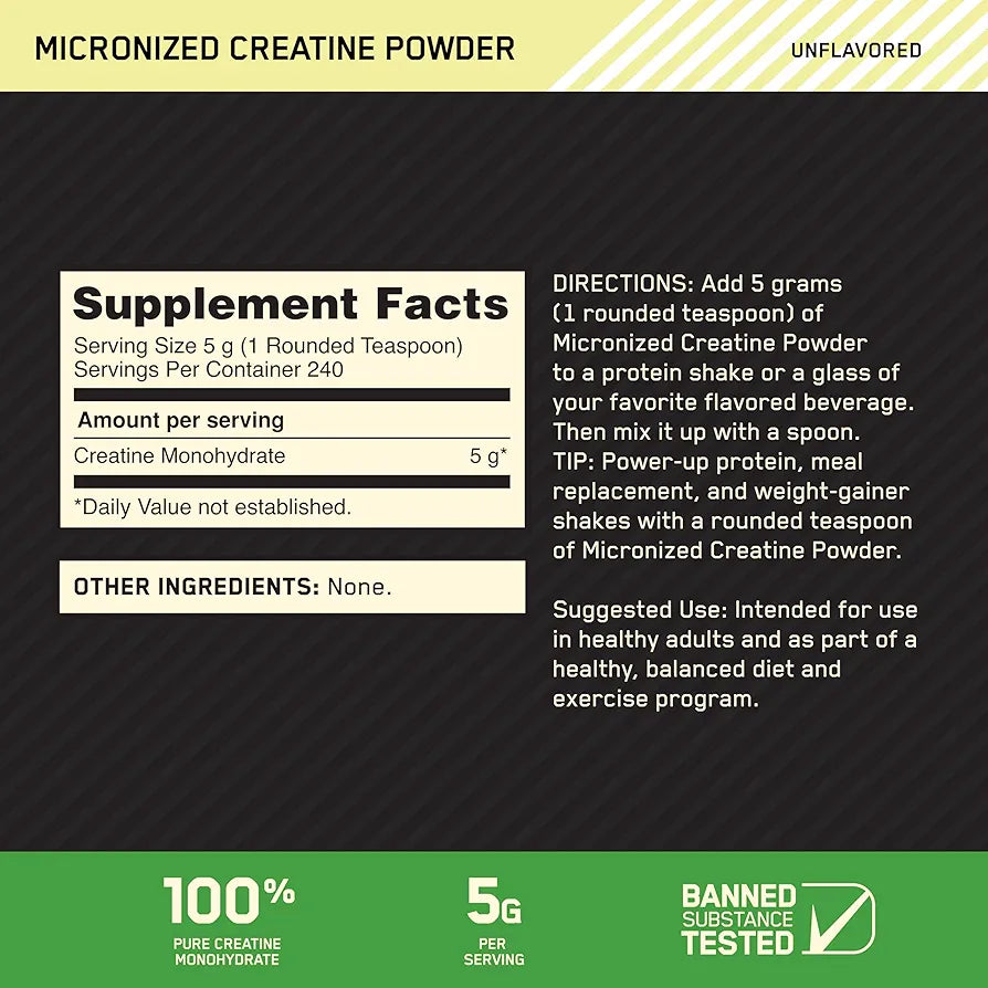 Optimum Nutrition Micronized Creatine Monohydrate Powder, Unflavored, 240 Servings, 1200 Grams