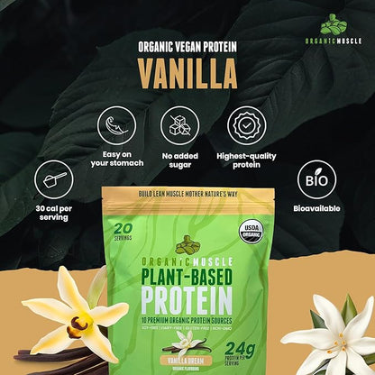 Organic Muscle Organic Vegan Protein Powder - Plant Based Vanilla Protein Powder with Pea, Hemp, Brown Rice, Chia Seed & Amino Acids - Low Calorie for Muscle Growth & Speed Recovery