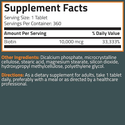 Bronson Biotin 10,000 MCG Supports Healthy Hair, Skin & Nails & Energy Production - High Potency Beauty Support - Non-GMO, 360 Vegetarian Tablets