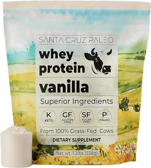 Santa Cruz Paleo Whey Protein Powder, Vanilla, 20g Grass Fed Whey Protein Isolate Per Serving, Gluten Free, Keto, Sugar Free, Paleo, Natural, Post Workout Muscle Support, 20 Servings, 1.2lb Bag