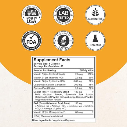 NuBest Doctor Taller - Bone Strength Supports, Enhance Immune System - Keto with Calcium, Vitamin D3, Vitamin K2, Amino Acids & Herbs for Children (8+) - 60 Vegan Capsules | 1 Month Supply