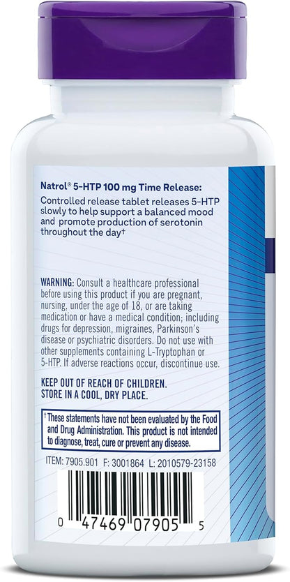 Natrol 5-HTP 100mg, Dietary Supplement Helps Support a Balanced Mood, Mood and Stress Support Supplement, 90 Time Release Tablets, 45-90 Day Supply