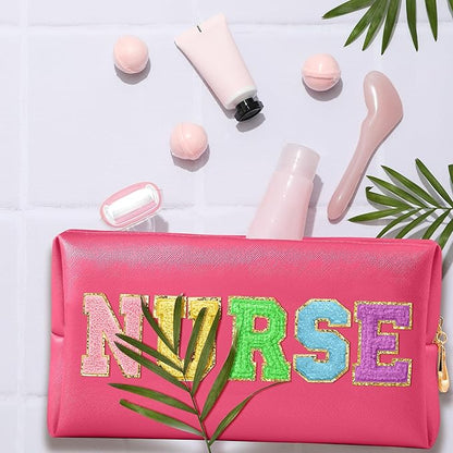 CY2SIDE NURSE Letter Makeup Bag - Colorful Chenille Letter Patch Cosmetic Bag Pink PU Leather Patch Travel Pouch Waterproof Portable Zipper Travel Organizer Case Christmas Gifts for Nurse Women