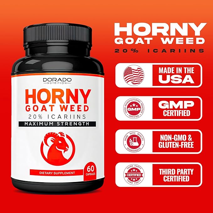 Horny Goat Weed For Men and Women - [20% Icariins Max Strength] - Stamina, Endurance, Circulation, Joint & Back Support - Maca Root, Ginseng, Yohimbine, Tribulus, L-Arginine - USA Made - 60 Count