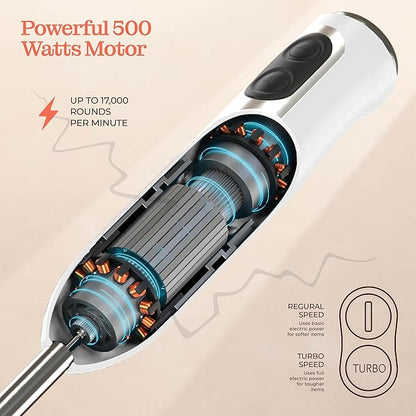Powerful Immersion Blender, Electric Hand Blender 500 Watt with Turbo Mode, Detachable Base. Handheld Kitchen Blender Stick for Soup, Smoothie, Puree, Baby Food, 304 Stainless Steel Blades (White)