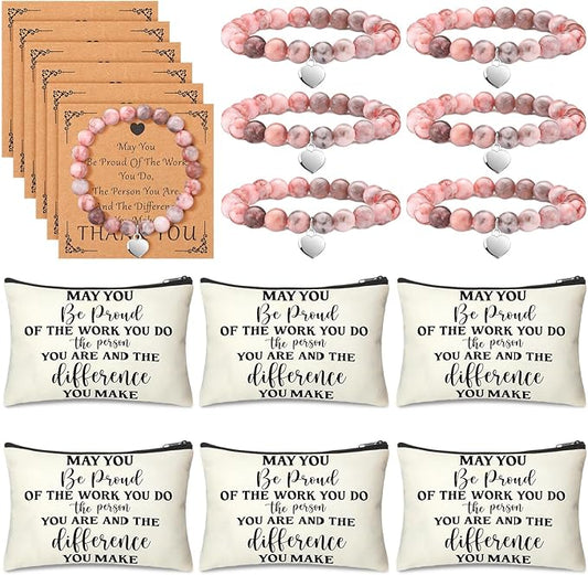 Tondiamo 6 Sets Thank You Gifts for Coworker Include 6 Natural Stone Bracelets 6 Cards 6 Canvas Makeup Bags May You Be Proud of the Work Employee Volunteer Nurse Week Appreciation
