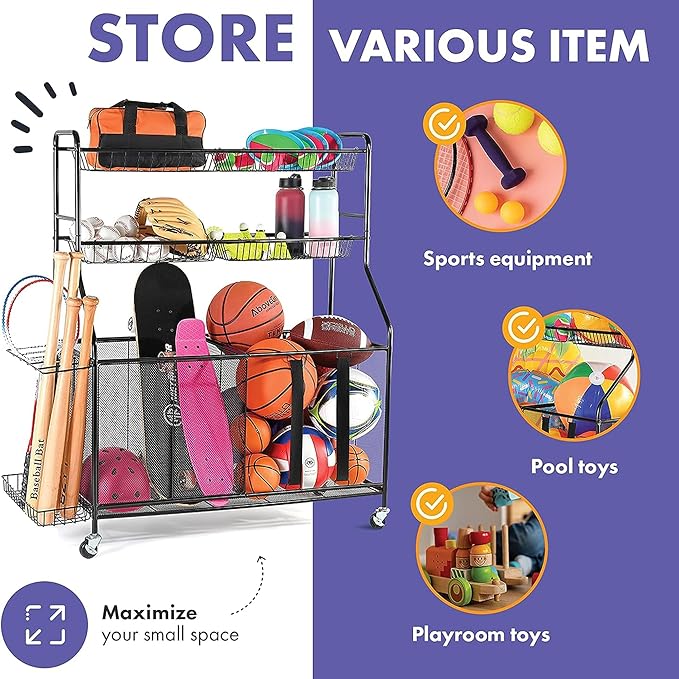 HOME IT Garage Sports Equipment Organizer - Garage Ball Storage Rack Organizer Holder with Baskets, Rolling Wheels & Breaks - Large Capacity Heavy Duty Steel Ball Storage Cart