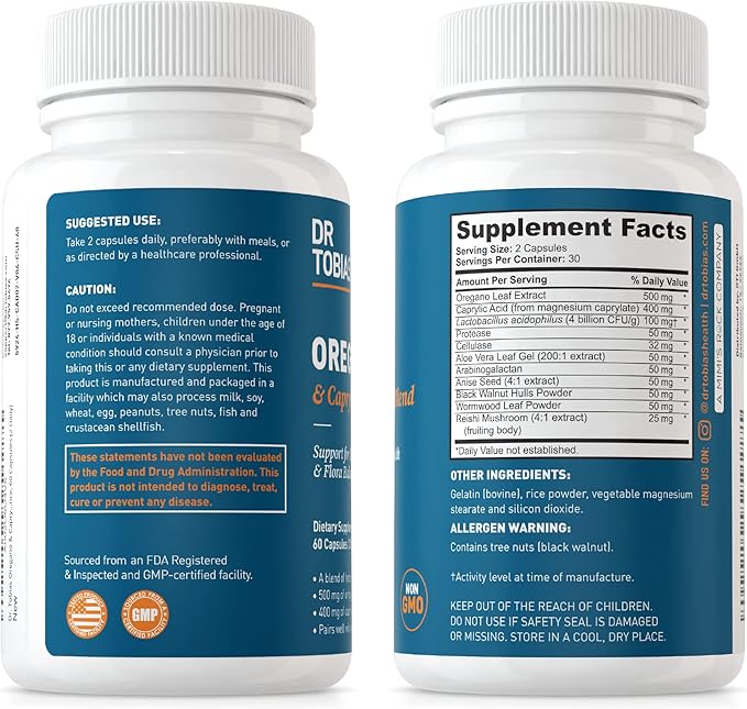 Dr. Tobias Oregano and Caprylic Acid Blend, Gut Flora Balance Complex, Intestinal Health & Immune Support with Herbs & Probiotics, Gut Health Supplements for Women & Men, 120 Capsules, 60 Servings