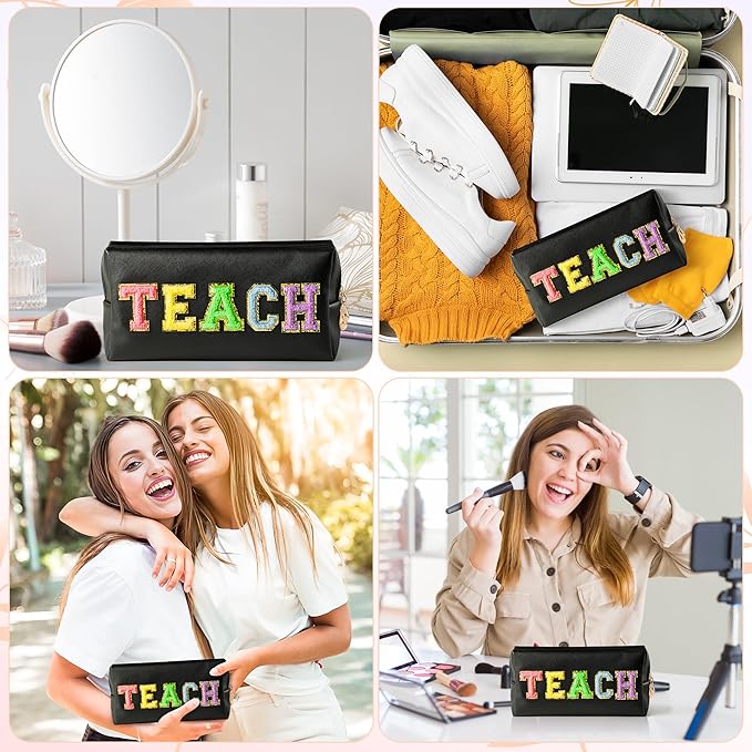 CY2SIDE Colorful TEACH Letter Patch Makeup Bag Black PU Leather Patch Cosmetic Bag with TEACH Chenille Letter for Travel Waterproof Portable Zipper Big Travel Organizer for Teacher Appreciation Gifts