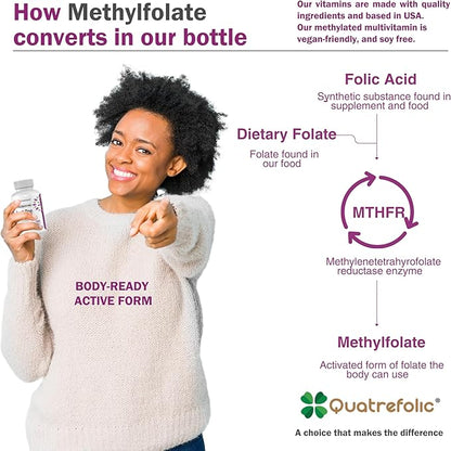 Just One Daily Methylated Multivitamin with Methyl B12, Quatrefolic Methylfolate, Pure MTHFR Supplement for Men and Women Without Iron, 2 Bottles (60 Vegan Capsules), USA-Made