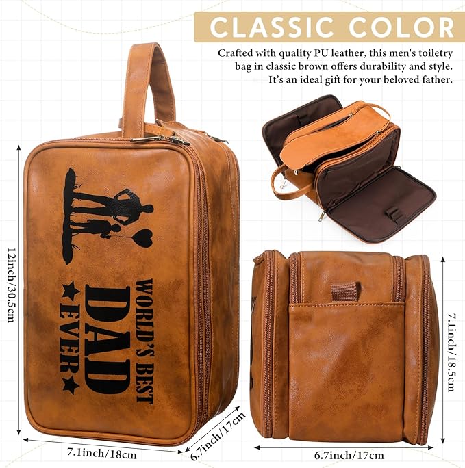 Retirement Gifts Toiletry Bag for Men PU Leather Men's Toiletry Travel Bag Large Shaving Kit Bag Water Resistant Cosmetic Bag Pouch for Groom Bathroom Traveling(Father)