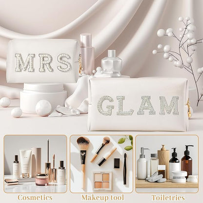 CY2SIDE Mrs Letter Makeup Bag - 2PCS White GLAM and MRS Pearl Rhinestone Letter Patch Cosmetic Bag PU Leather Patch Pouch Waterproof Portable Zipper Travel Organizer for Wedding Bride Christmas Gifts