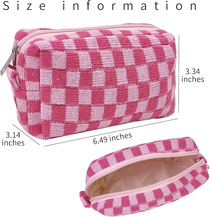 Small Cute Checkered Makeup Bag - Portable Cosmetic Pouch with Zipper, Travel Toiletry Bag, Purse Organizer, Beauty Storage, Pink