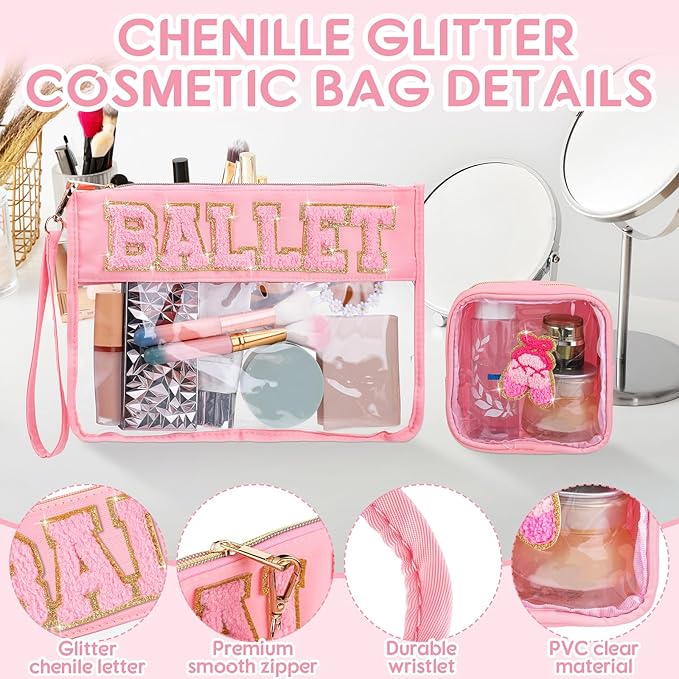 Hillban 2 Pcs Ballet Gifts Chenille Letter Bags Makeup Cosmetic Bags Toiletry Travel Flat Pouch Preppy Patch Clear Purse PVC Waterproof Organizer Storage Case Gifts for Team Girls Women
