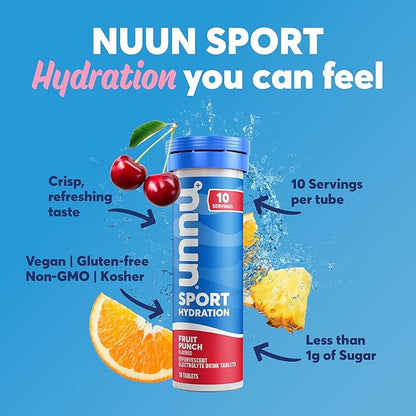 Nuun Sport Electrolyte Tablets - Dissolvable in Water, Fruit Punch, 5 Essential Electrolytes for Hydration, 1g Sugar Drink Mix, Vegan, Non-GMO, 8 Pack (80 Total Servings)