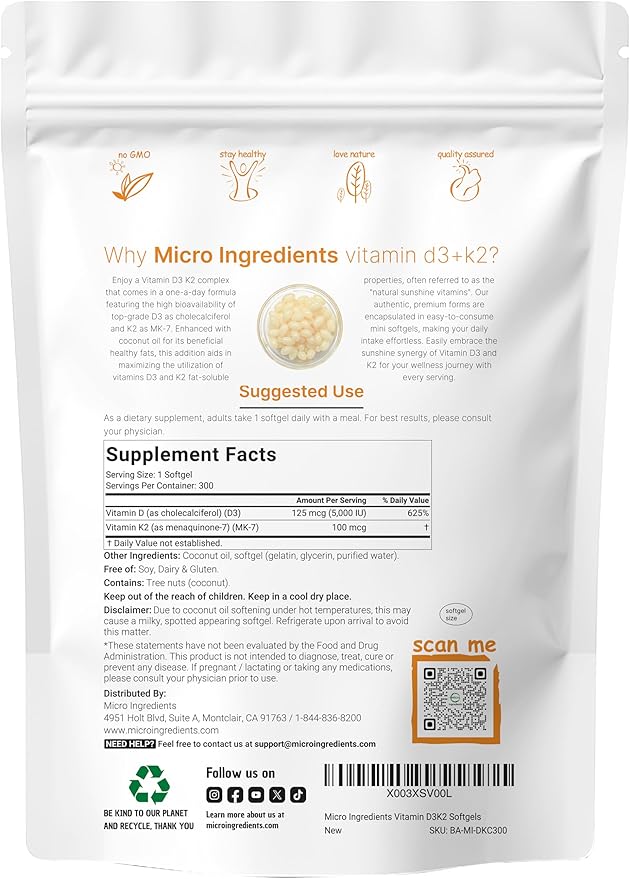 Micro Ingredients Vitamin D3 5,000 IU + K2 MK-7 100 mcg, 300 Softgels | Virgin Coconut Oil | 2-in-1 Bone, Immune & Heart Support | Easy to Swallow, Non-GMO