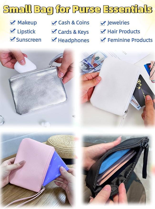 Small Makeup Bag for Purse Mini Cosmetic Pouch Zipper Little Wristlet, Tiny Make Up Organizer Lipstick Feminine Product Car Change Coin Holder for Women Handbags, 8 x 5 Clutch Phone Wallet,1 Red