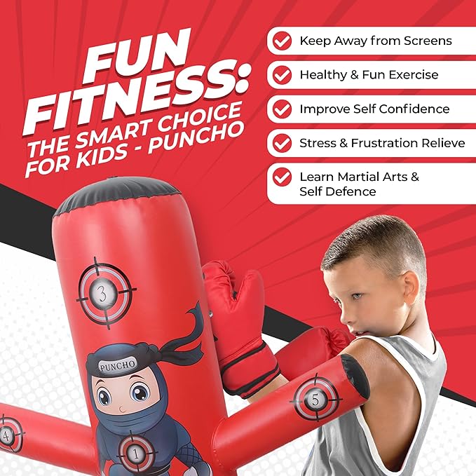 PUNCHO Inflatable Punching Bag for Kids - 63" Kid Boxing Bag Set - Karate Gifts for Boys and Girls Age 3-12 - Kids Punching Bag & Birthday Gift with Boxing Gloves, Air Pump, eBook - Ninja Kid Toys