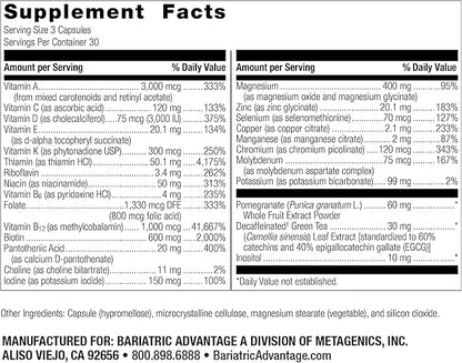 Bariatric Advantage Ultra Multi Without Iron, High Potency Daily Multivitamin for Bariatric Surgery Patients with 22 Essential Vitamins and Nutrients - 90 Capsules, 30 Servings
