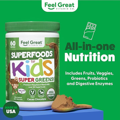 Feel Great USDA Organic Super Greens for Kids | Vegan Chocolate Greens Powder with Veggie Powder for Kids | Superfood Powder with Probiotics & Digestive Enzymes for Digestive Health | 2 Month Supply