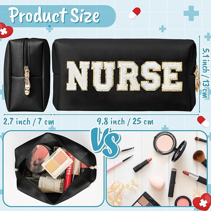 CY2SIDE NURSE Letter Makeup Bag - White Chenille Letter Patch Cosmetic Bag Black PU Leather Patch Travel Pouch Waterproof Portable Zipper Travel Organizer Case Christmas Gifts for Nurse Women