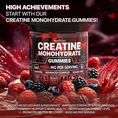 Creatine Monohydrate Gummies Complex 8000mg, Chewable Creatine for Women and Men with L-Carnitine, Taurine, Creatine Monohydrate Chewable, Muscle Strength, Raspberry and Blackberry Taste, 120pcs