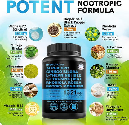 11-in-1 Nootropic Brain Supplements: Memory & Focus Supplement with Ginkgo Biloba, L Theanine, Bioperine, & Alpha GPC Choline - 1321mg, 60ct - Stimulant Free, Vegan - Focus Brain Support (1 pack)